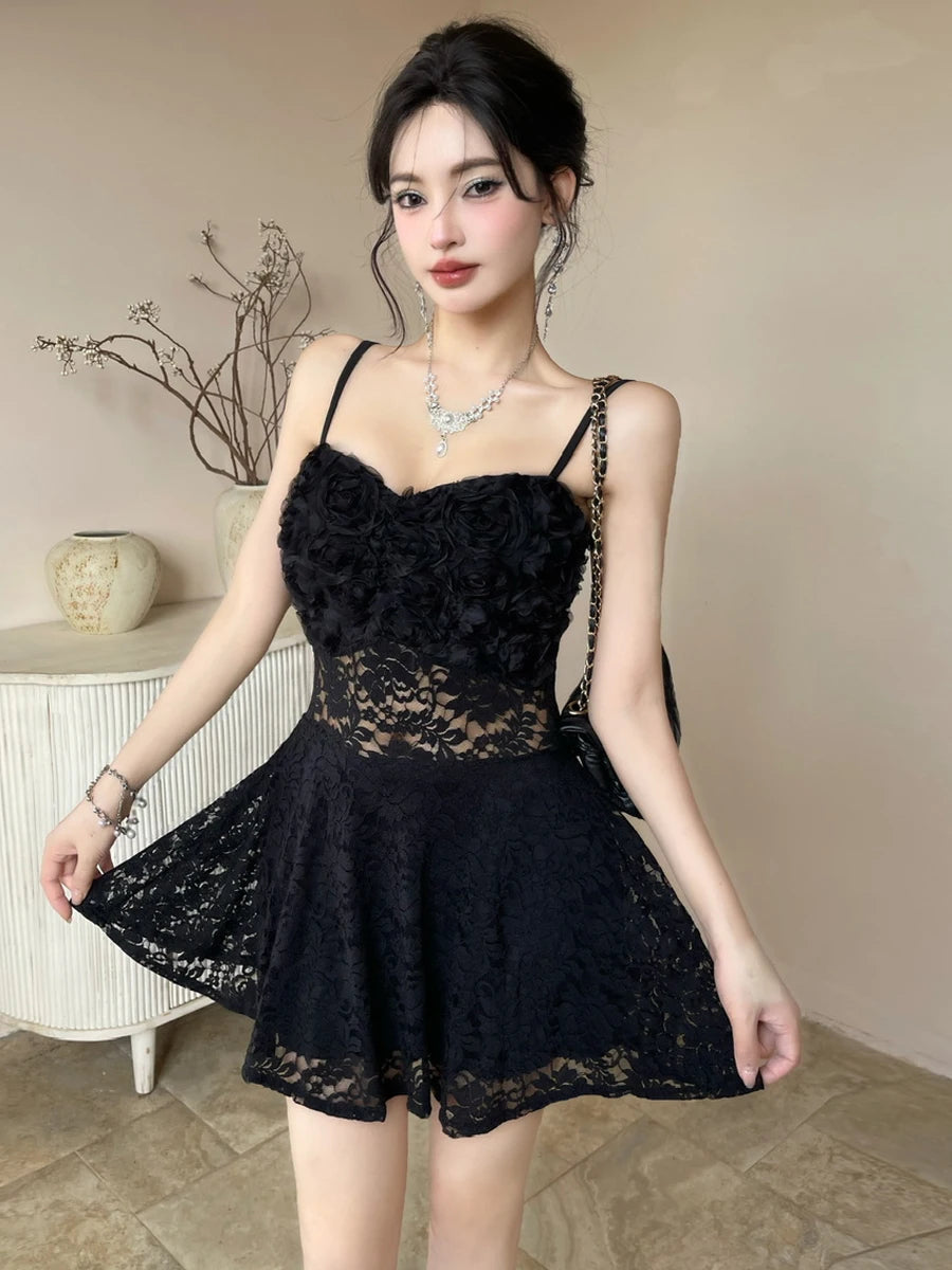 Sexy 3D Flower Lace Backless Vest Dress High Waist Slimming Embroidery Short Skirt Style Casual A-Line Silhouette V-Neck Dress