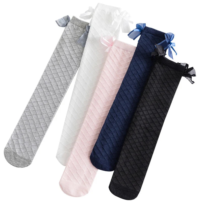 Knee High Girls Socks for Kids Children Golf Cotton Bow Long Tube Stitch Sock Baby Toddler Little Princess Popular Tall Calf