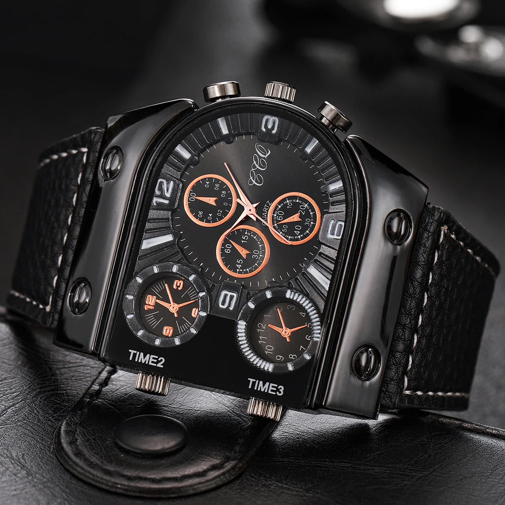 Fashion Decorative Five-eyes Big Dial Men's Quartz Watch Casual Leather Band Male Sports Watches