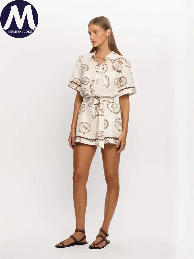 Women's Summer Jumpsuit 2025 Summer New Elegant Print Three Quarter Sleeve Lace Up Jumpsuits Fashionable Casual Loose Jumpsuits