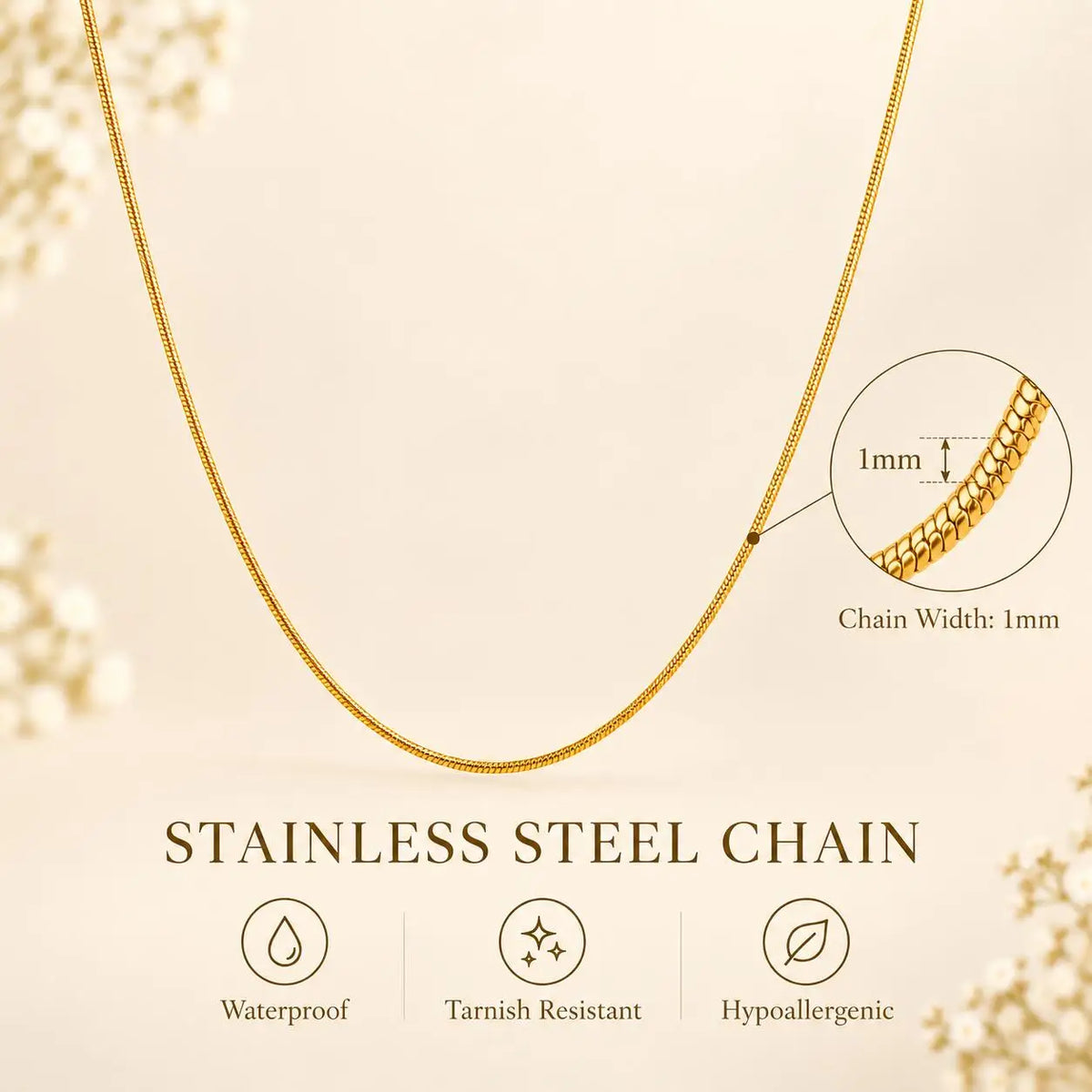 Round Snake Chain Necklace Thin 1mm Waterproof Gold Plated Stainless Steel Multi Layer Summer Beach Choker 16-28 Inches