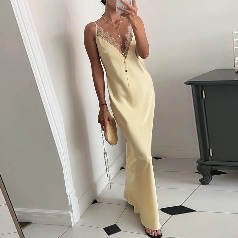 Elegant Lace Patchwork Women's Dress V-Neck Slip Top Sleeveless Lady Long Dresses 2026 Summer Autumn Vacation Female Robe