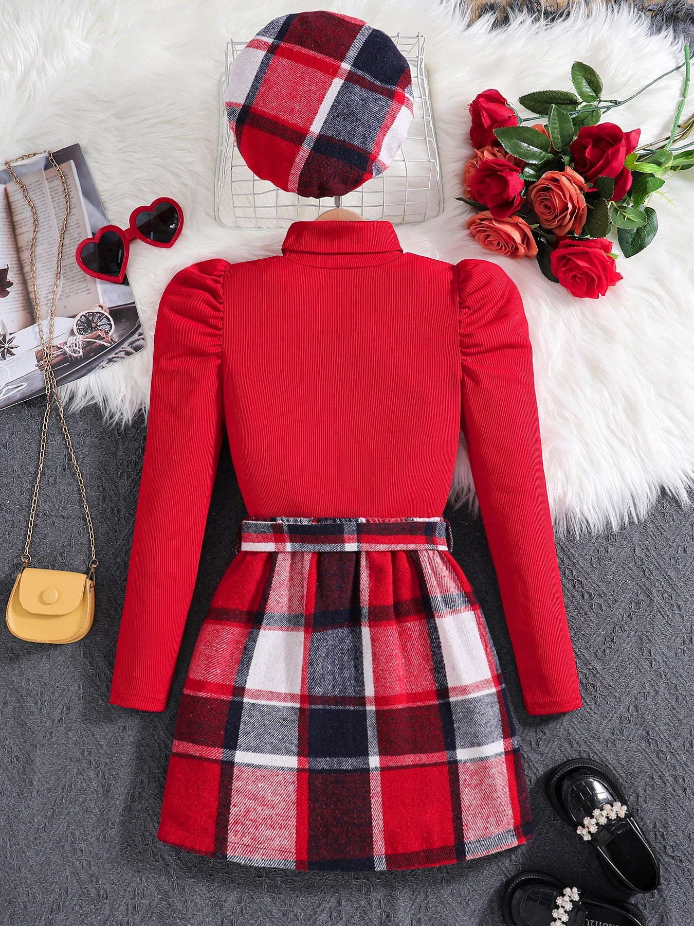 Girls fashion girls Spring and fall new set red high neck bubble long sleeve red plaid skirt + hat 3-piece outdoor casual dress