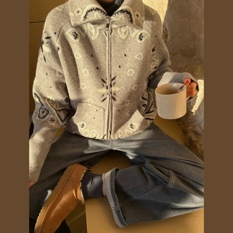 Street Printed Women's Cardigan Knitted Full Sleeve Zippers Stand Collar Pocket Lady Coats 2026 Autumn Chic Female Streetwear