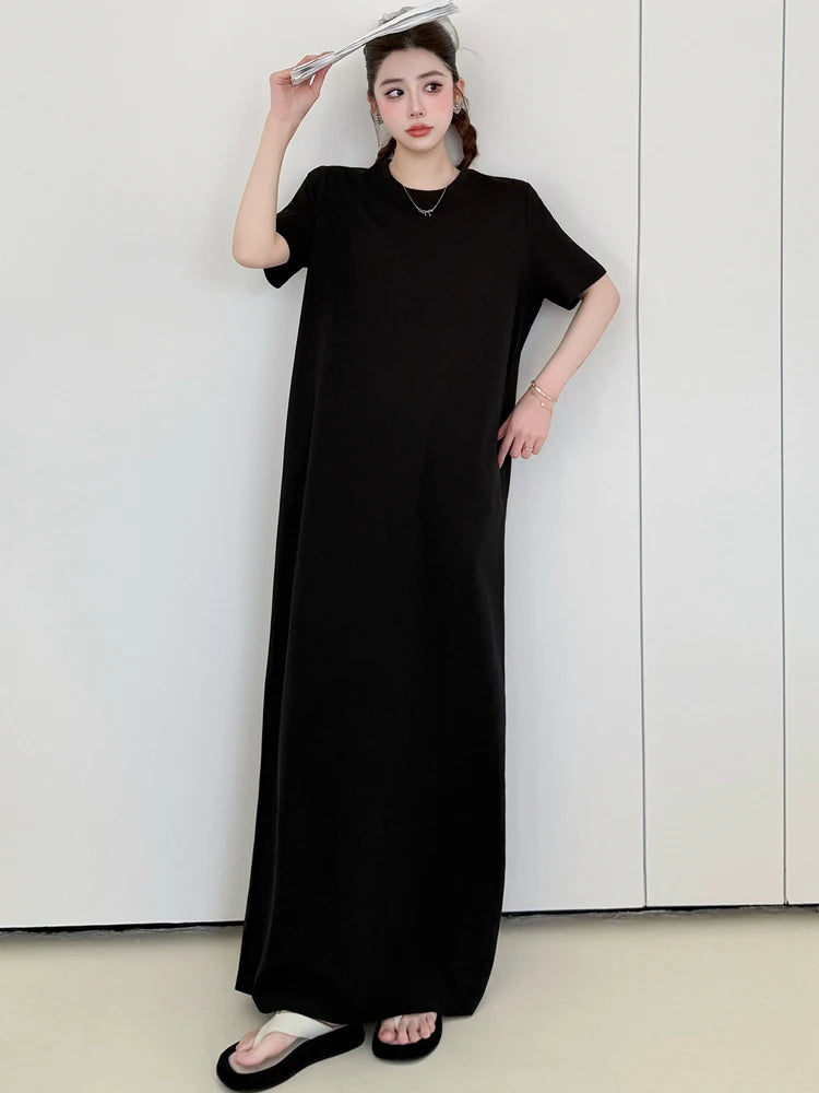 NYFS 2026 Korean Style Women's Summer Loose plus Size Dress Short Sleeve Solid Long Dress Robe Elbise