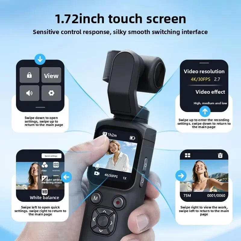 4K Live Streaming Camera Pocket Camera 1.72" Touchscreen Zoom Sport Cam Portable Vlog Video Recorder Cycling