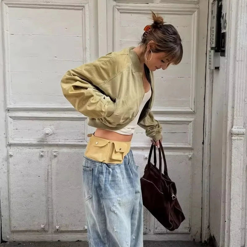 MUJER Varsity Bomber Jackets for Women Zipper Cropped Jacket Woman Outerwears Casual Womens Coats Long Sleeve Women's Jackets