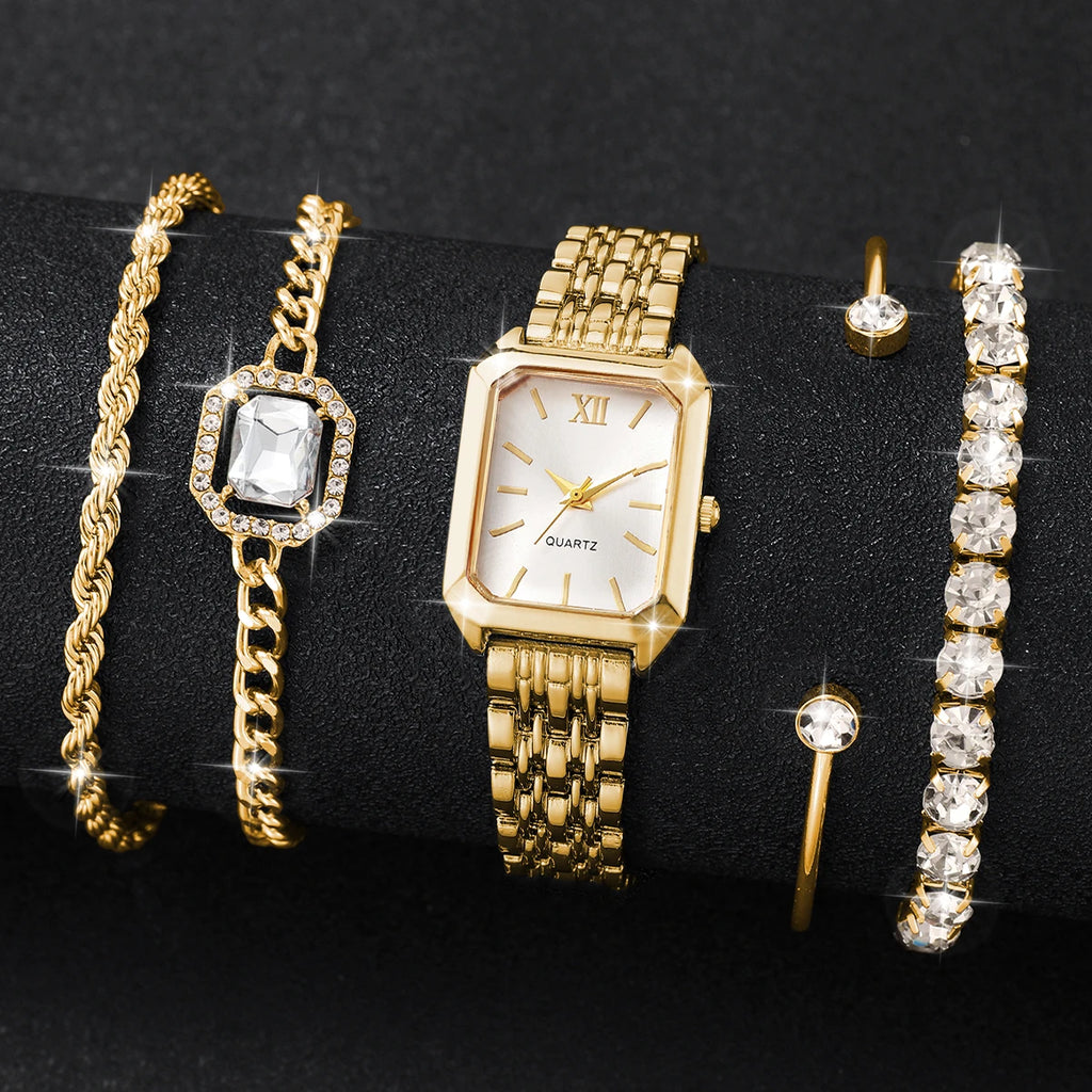 5PCS Elegant Rectangle Dial Women's Quartz Watch Diamond Bracelets Set Ladies Fashion Wristwatch Accessory Gift Relogio Feminino