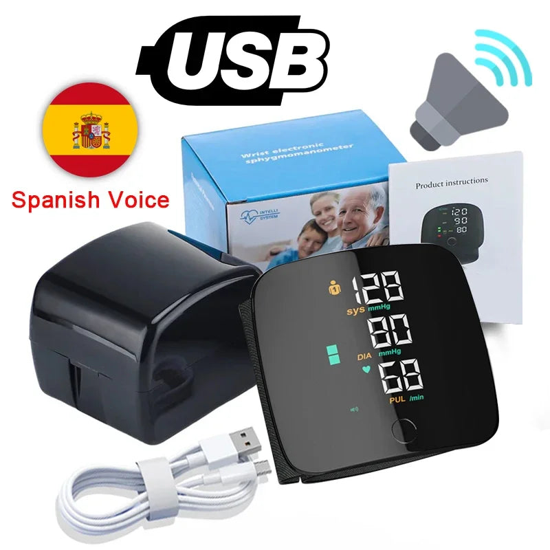 New LED Wrist Blood Pressure Monitor Rechargeable English/Spanish/Russian Voice Broadcast Sphygmomanometer Tonometer BP Monitor