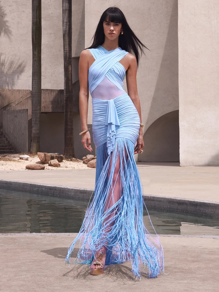 Sexy Blue Fringe Evening Dress For Women – Sleeveless Cross Halter Sheer Maxi Party Dress Elegant Cocktail Gown for Nightclub