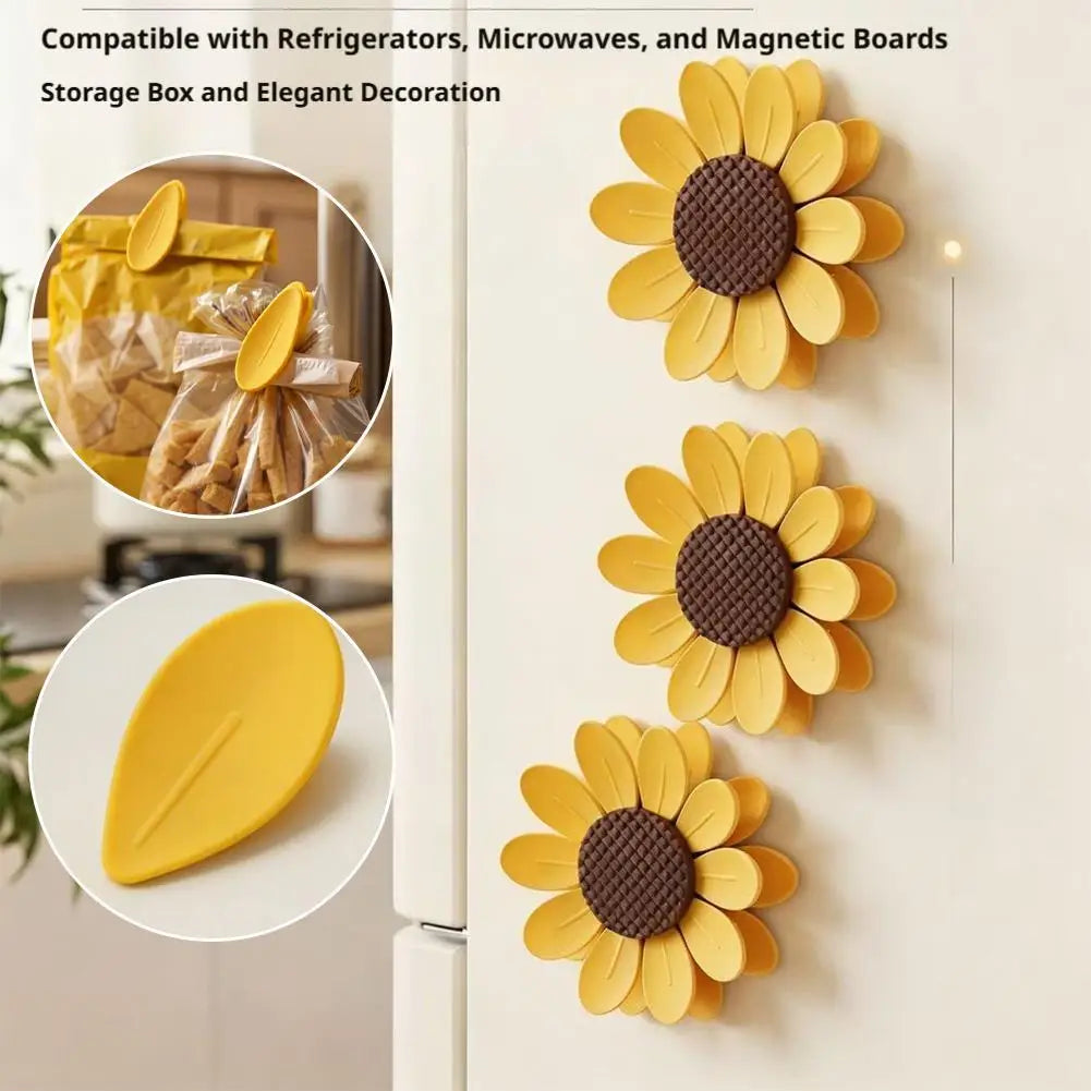 10Pcs Cute Sunflower Magnetic Food Sealing Clips With Base Airtight Chip Snack Bag Clips Kitchen Fresh Keeping Storage Note Clip