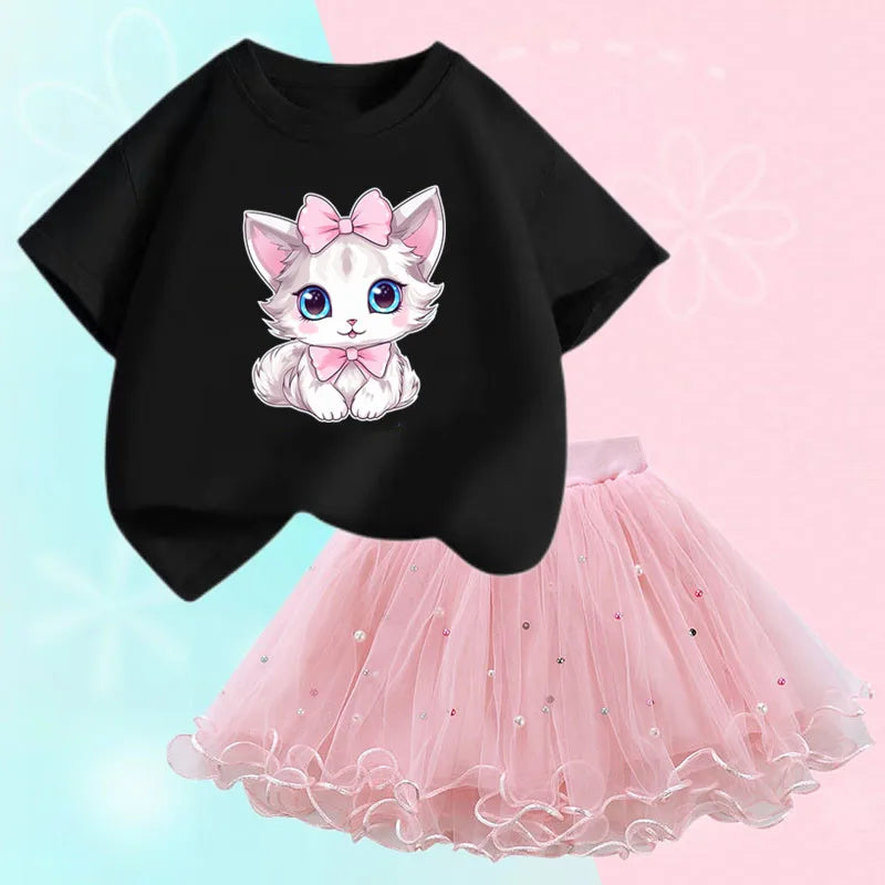 Summer Little Girls Clothing Cute Cat T Shirt& mesh Tutu Skirt Two Piece Set Fashion Korean Children Clothes Outfits 3-14years