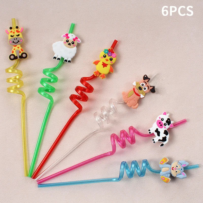 6pcs Zoo-themed Straws  Reusable Plastic Twisted Straws  Decorations for School, Kids' Birthdays, and Family Parties