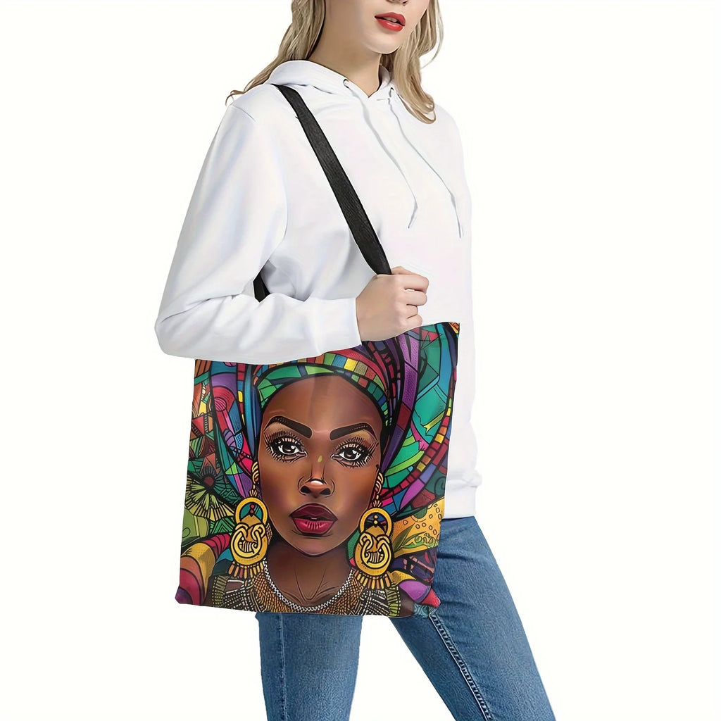 African Women Print Linen Tote Bag, Aesthetic School Shoulder Bag, Lightweight Grocery Shopping Bag