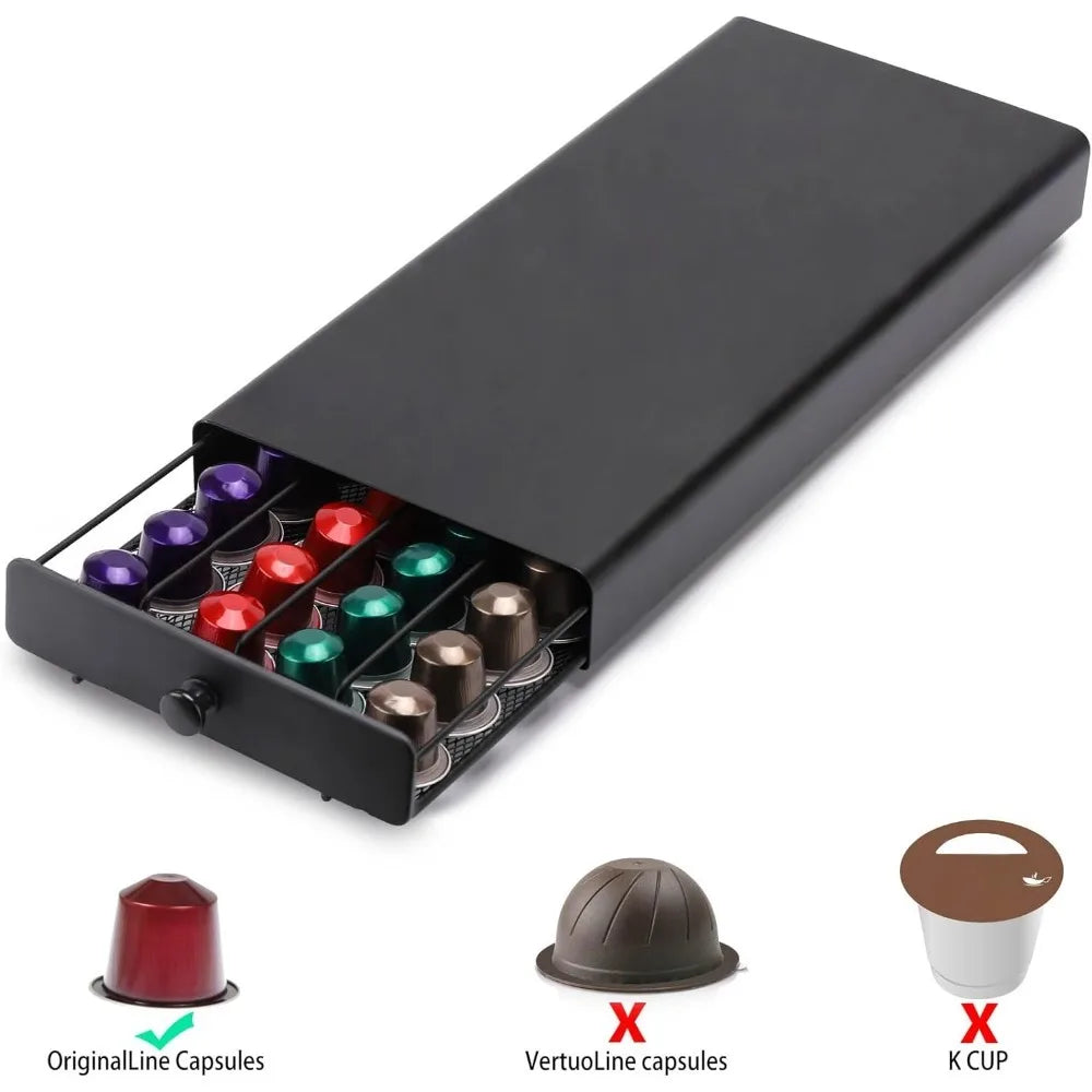 Coffee Pod Drawer Holder Storage Organizer 40 Capacity Pod Capsule Metal Coffee Station for Capsules Home Office Counter