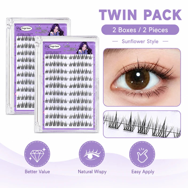 Gege Bear No Glue False Eyelashes Self Adhesive Lash Clusters Wispy Sunflower Style Natural Doll Eye Easy Apply Makeup