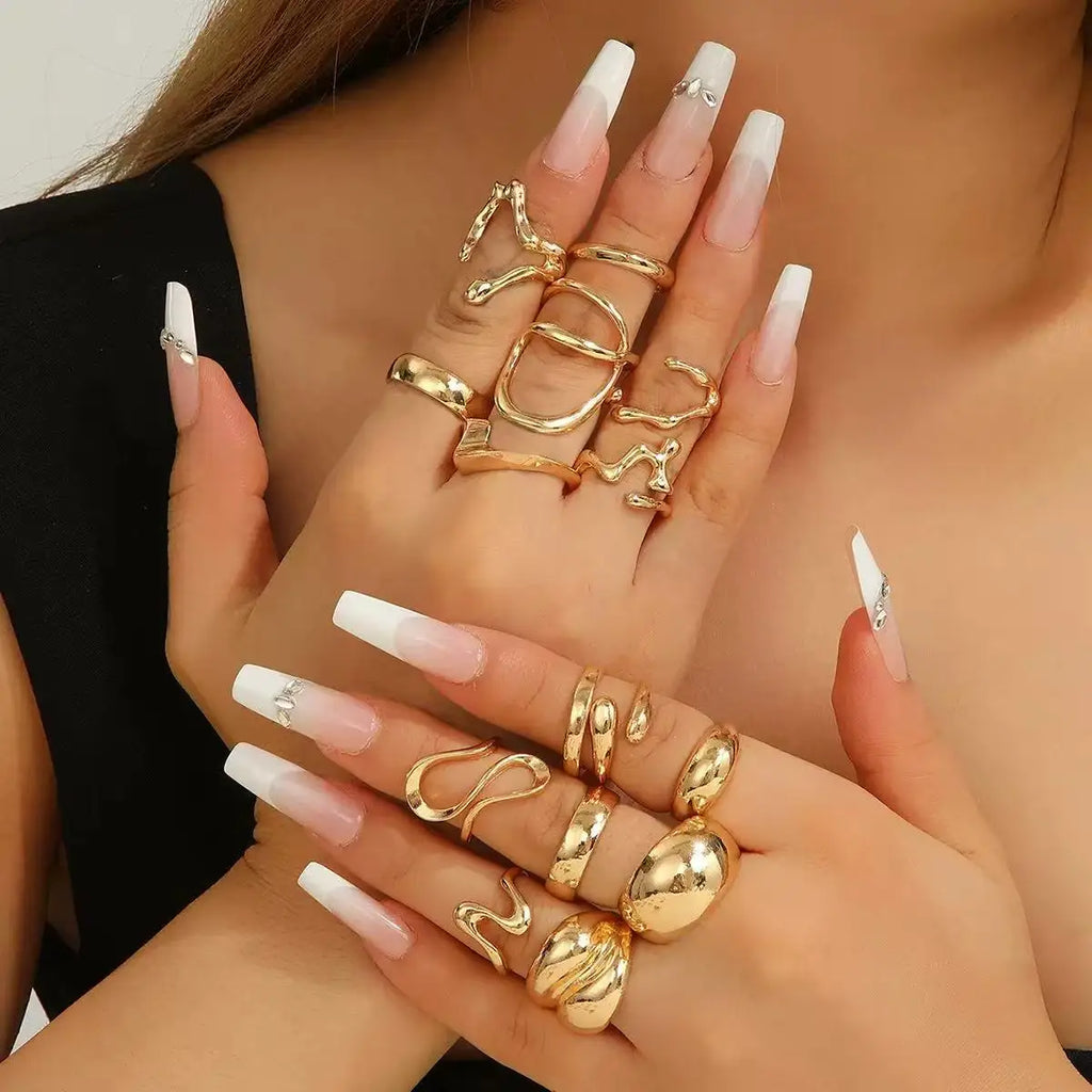 15Pcs Punk Smooth Geometric Open Rings Set For Women Exaggerated Irregular Silver Color Thick Chunky Ring Hip Hop Jewelry Gifts