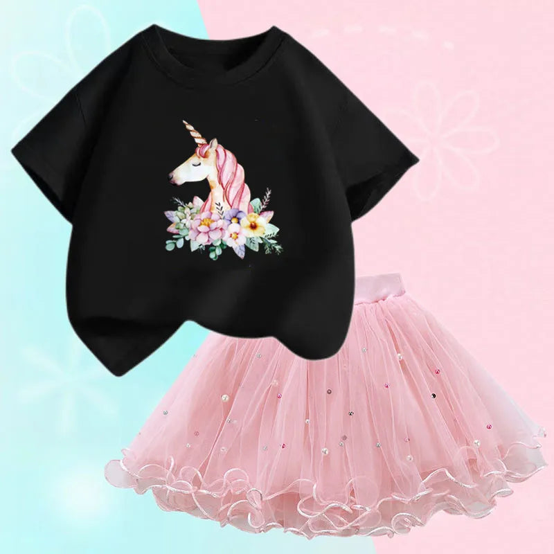 Fashion Summer Girls Outfits Pretty Ballet Dance Girl T-shirt and Tutu Skirt Set for Princess Clothes Suit Children Clothing