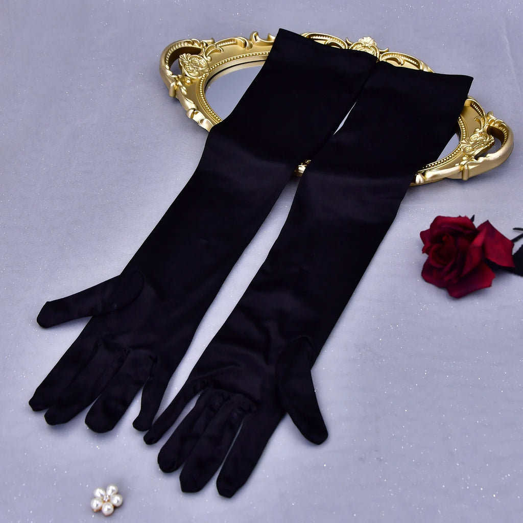 vm22 1 Pair Wedding Bride Gloves Black Covers Arms White Long Satin Elegant Women Evening Party Finger Mitten Gants Mariage