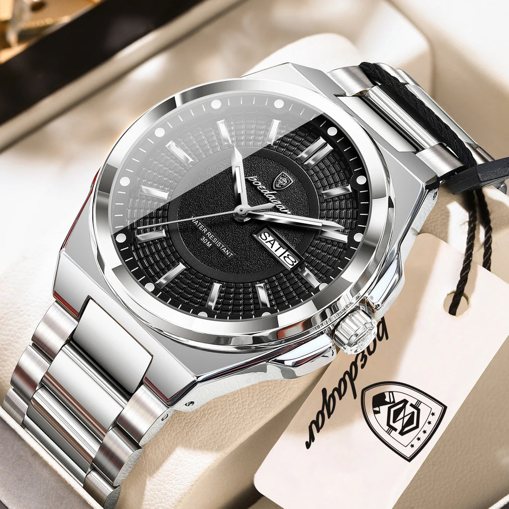 POEDAGAR Top Business Men Wristwatch Stainless Steel Waterproof Luminous Casual Man Watch Date Week Stylish Men's Quartz Watches