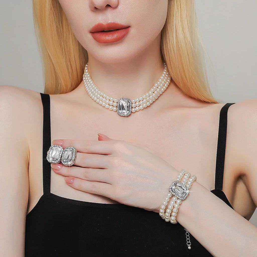 Light luxury candy colored pearl jewelry set with elegant double-layer design for wedding/Valentine's Day gift jewelry