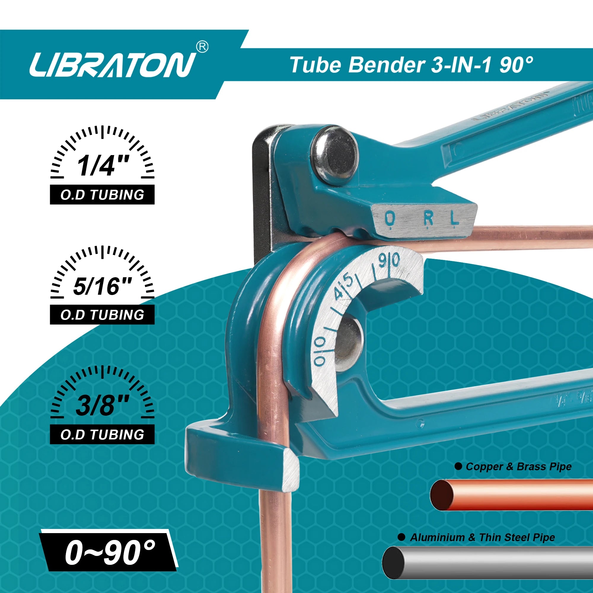 LIBRATON Tube Bender, Pipe Bender, 3-IN-1, 1/4"(6mm), 5/16"(8mm), 3/8"(10mm), for Copper, Brass, Aluminum and Thin Steel Pipes