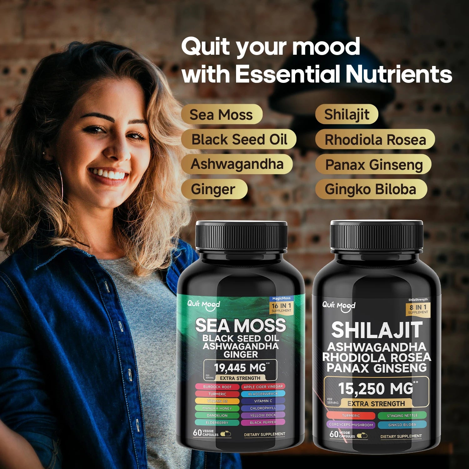 Bundle Sea Moss and Shilajit |High Potency Vitality Combo - Ashwagandha Turmeric Bladder, Burdock 2000 Mg & Ginger, Vitamin C