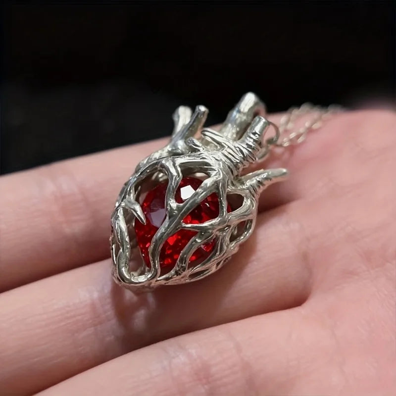 Geometric Three-dimensional Heart Inlaid with Red Synthetic Zirconia Pendant Necklace for Both Men and Women Daily Wear Jewelry