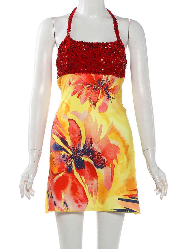 Sisterlinda Backless Dress Women Trend Floral Print Halter Sequin Patchwork Bandages Sleeveless Stretch Sexy Vacation Bodycon