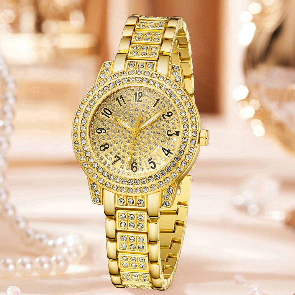 4Pcs/Set Unisex Jewelry Watches Women's Wristwatch Accessories Gold Trendy Fashionable Elegant Classic Exquisite Light Luxury Rhinestone Luxury Roman Numeral Dial Round Dial Quartz Watch Set Y2K Suitable for Travel, Parties,