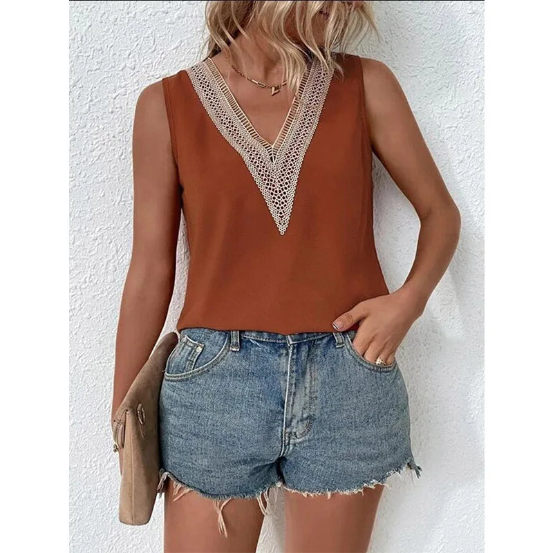 Sleeveless V-neck Lace Parchwork Blouse Women Loose Hollow Out Summer Tee Shirt Casual Streetwear Tsnk Top