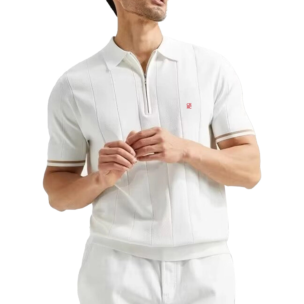 CH Men Vertical Striped Knit Polo Shirt Half Zip Lapel Short Sleeve CH Embroidery Top Breathable Business Casual Summer Male Tee