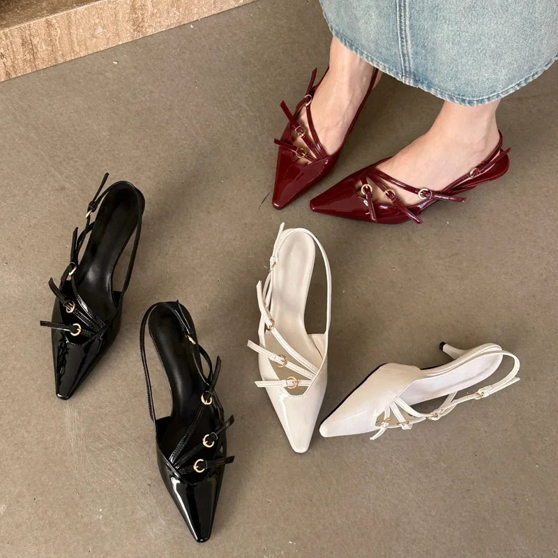 Eilyken Designer Narrow Band Buckle Strap Pumps Women Sexy Pointed Toe Low Thin Heels Wedding Banquet Dress Mule Ladies Shoes