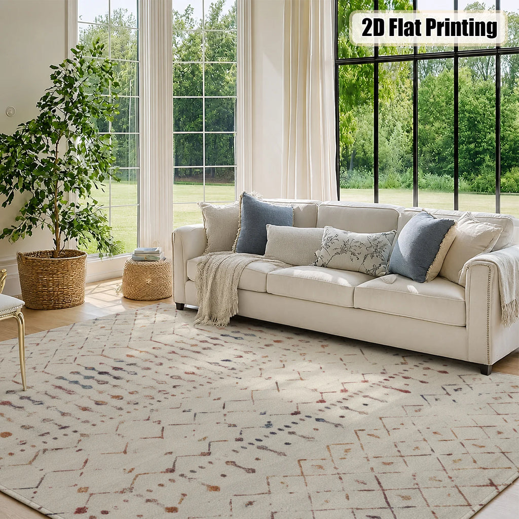 Large Indoor Area Rug, Soft Velvet Low Pile with Non-Slip Dotted Backing, Machine Washable Cream Tribal Geometric Accent Rug for Living Room, Bedroom, Entryway and Dining Spaces