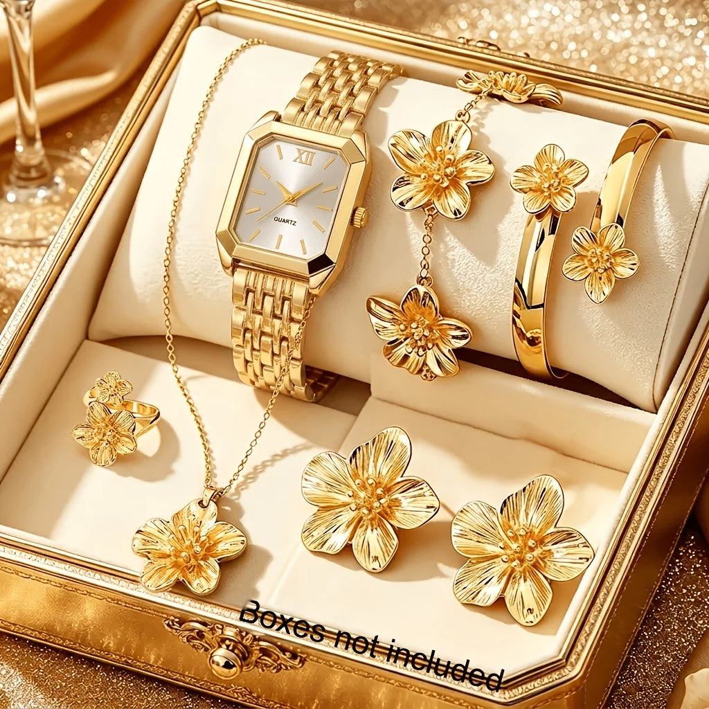 7pcs Elegant Rectangle Women Watch Jewelry Set Fashion Ladies Quartz Wristwatches Flowers Accessories Gifts（Without Box）