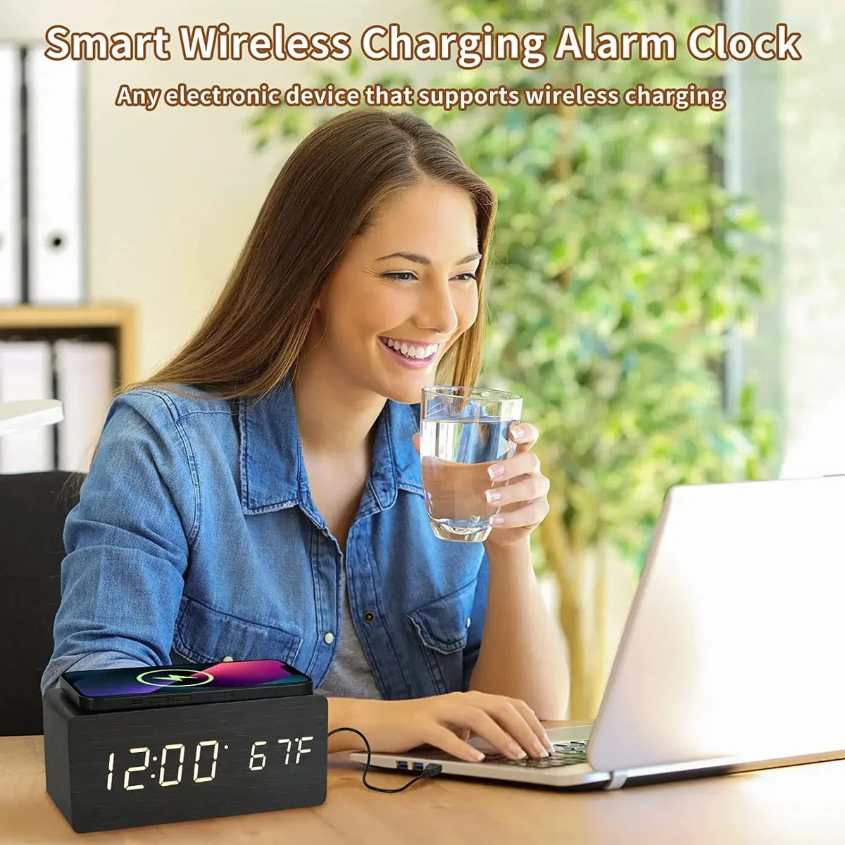Wooden Digital LED Alarm Clock with Wireless Charging Time Date Temperature Display Desk Bedside Clock for Office