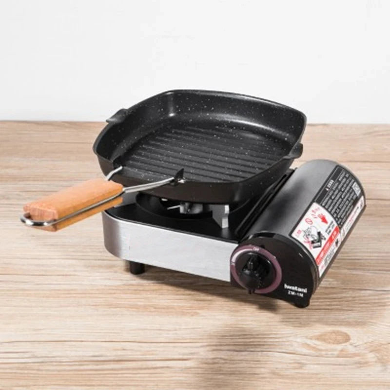 Foldable Portable Outdoor Grill Pan - Anti-Scald Wooden Handle, Double-Sided Steak Pan for Picnic, No Lid