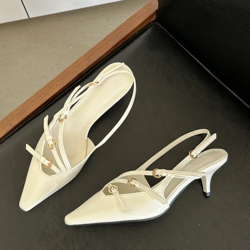 Eilyken Designer Narrow Band Buckle Strap Pumps Women Sexy Pointed Toe Low Thin Heels Wedding Banquet Dress Mule Ladies Shoes