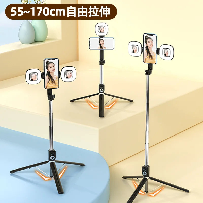 1.7m Extendable Live Tripod Selfie Stick Support LED Ring Dual Light Mirror Stand 4 in 1 Phone Mount for iPhone X 8 11 Android