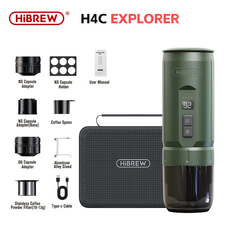 HiBREW H4C Portable Espresso Coffee Machine 3in1 Travel Coffee Maker 7500mAh Lithium Battery Self-Heating Ns DG Capsule & Ground