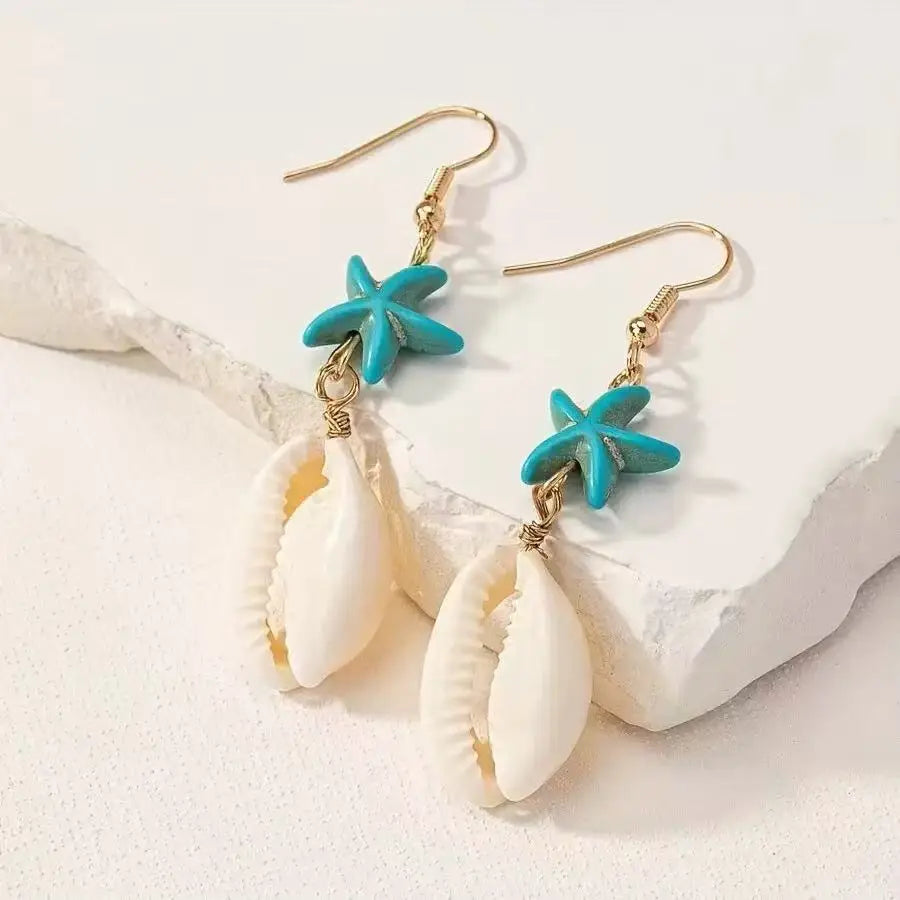 2PCS Fashion Luxury Zircon Starfish Shell Women's Earrings, Simple Flower Leaf Lmitation Pearl Earrings Party Wedding Jewelry