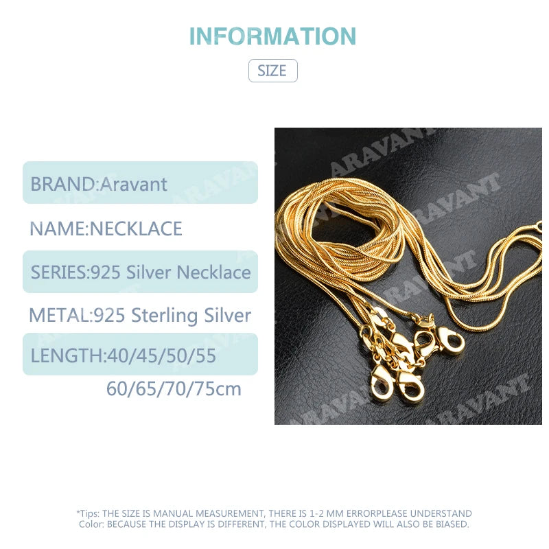Aravant 925 Sterling Silver 18K Gold 1MM 45-75CM Snake Chain Necklace For Women Fashion Party Wedding Jewelry
