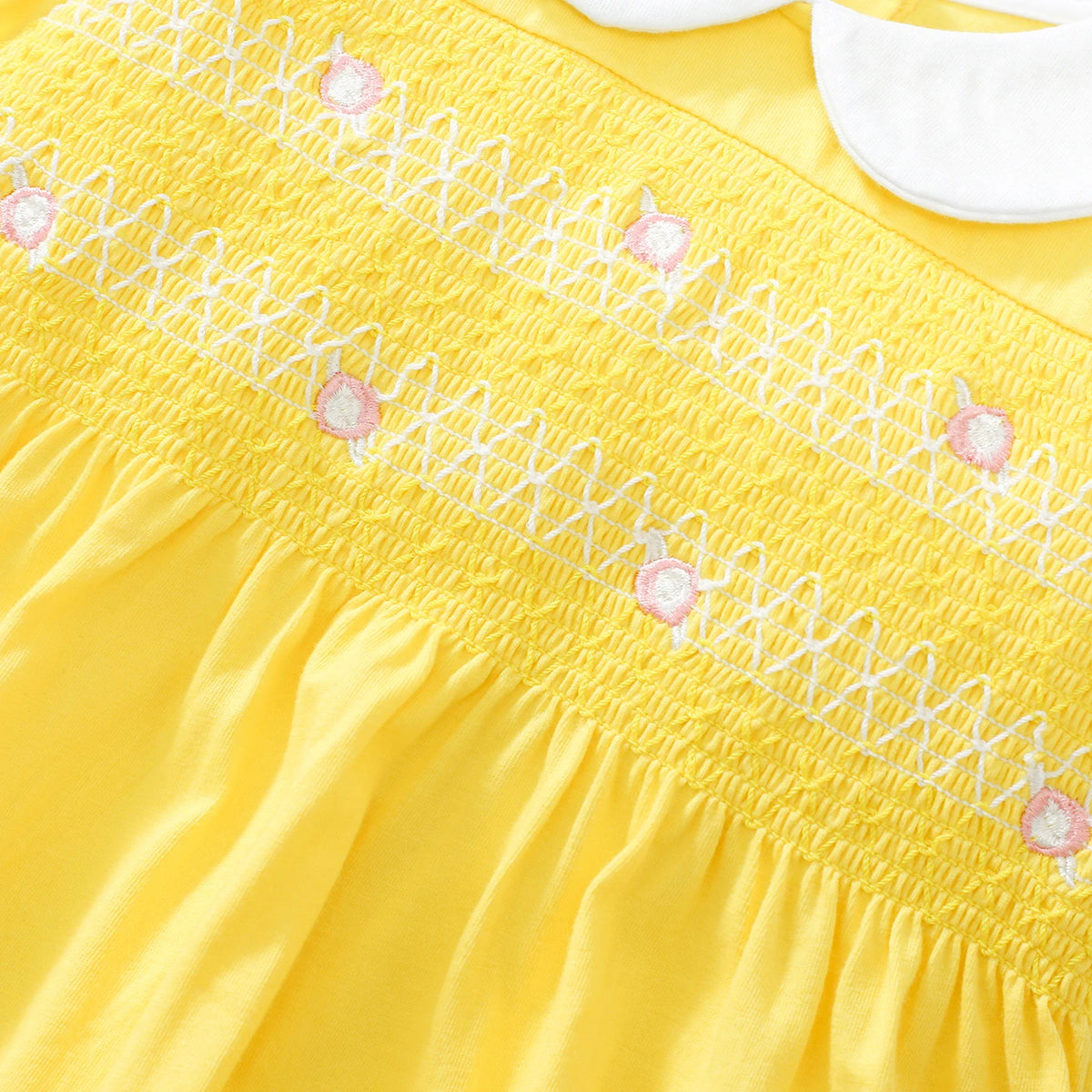 TUONXYE Summer Baby Girl Dress Cotton Button Smocked Floral Embroidery Short Sleeve Kids Princess Party Dresses