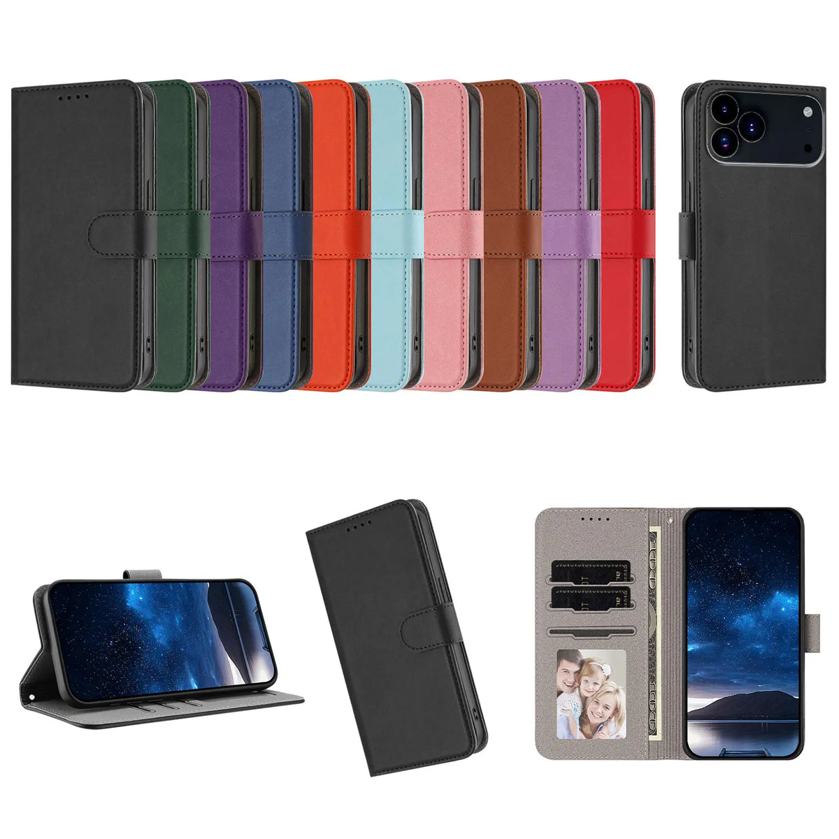 For iPhone 17 18 Pro Max Solid Color Luxury Leather Flip Case on For iPhone 17 16 15 14 13 12 Pro Max Plus Air 16E Wallet Cover