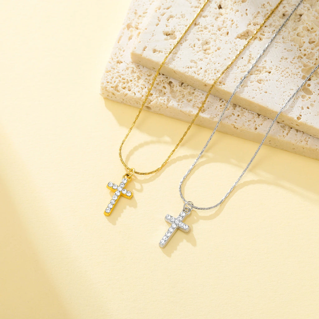 Skyrim Clear Zircon Cross Pendant Necklace Women Gold Plated Stainless Steel Filled Beading Chain Choker Religious Jewelry Gift