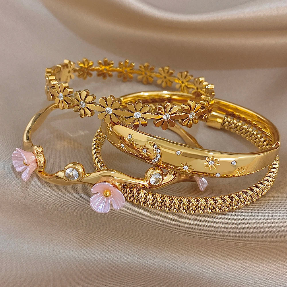 Delicate Zircon Flower Cuff Bangle Bracelets for Women Glossy Gold Plated Stainless Steel Wristband Bracelet Waterproof Jewelry