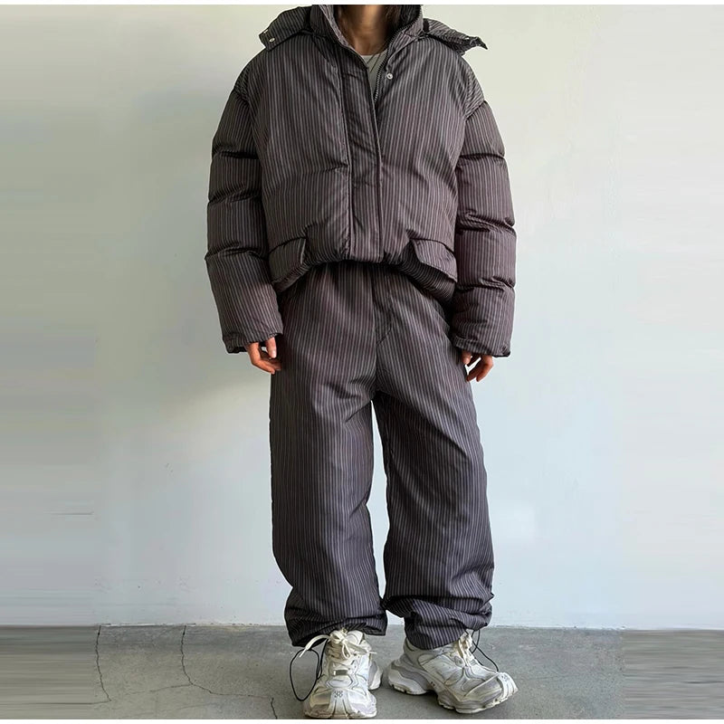 Women Winter Two‑Piece  Leopard Print Hooded Puffer Jacket Outfit Loose Cuffed Jogger Pants Warm Casual Streetwear Matching Set