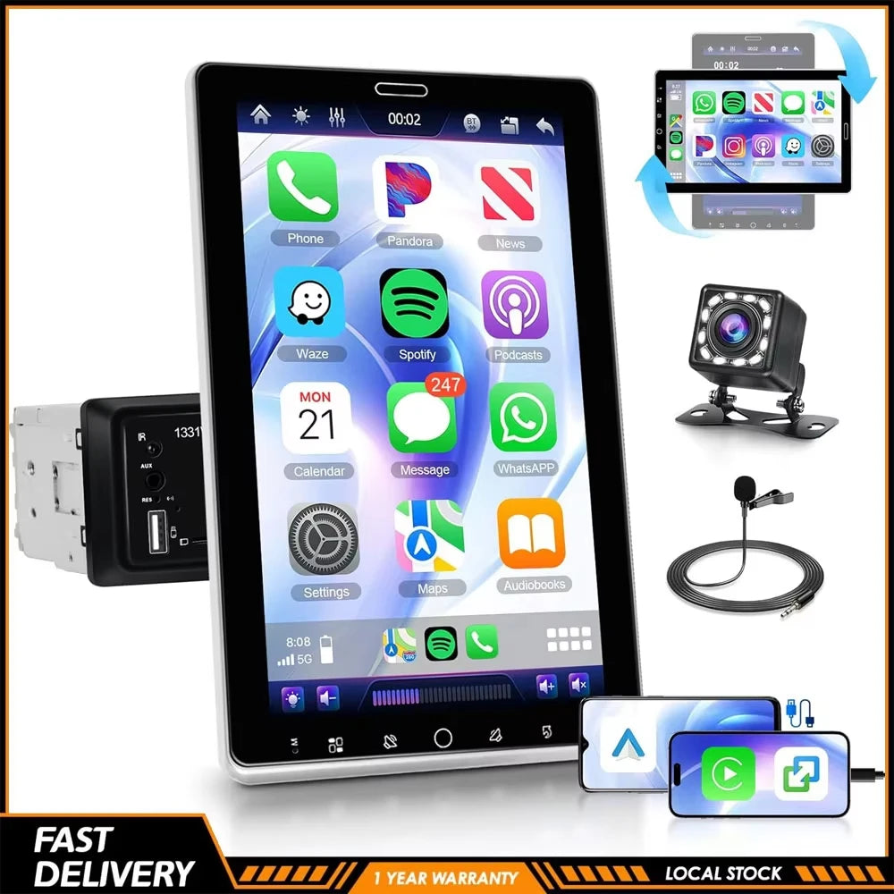 New Upgraded 10" Rotatable Touch Screen Double Din Car Stereo Radio Multimedia Video Player GPS Navigation Support Wireless Carplay Android Auto 2+32GB Audio Receiver Bluetooth 5.2 16-Band EQ MP5 Player USB FM Support Mirror