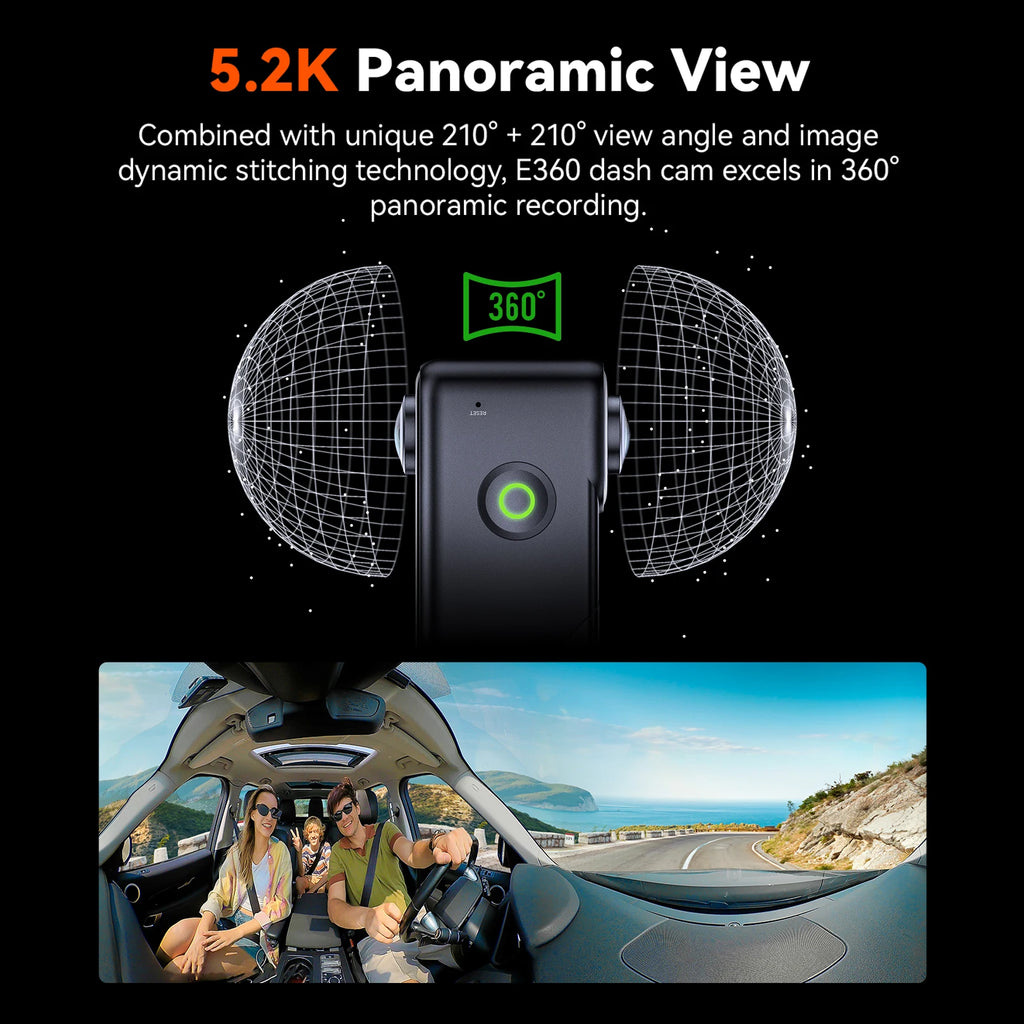 Vantrue E360 DashCam 5.2K 360° Panoramic 5GHz WiFi&GPS Dual STARVIS 2 HDR Voice Control Touch Control Car accessoriesr