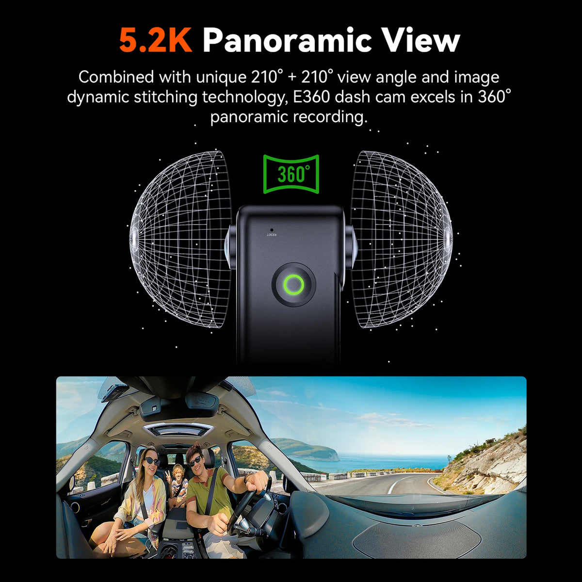 Vantrue E360 DashCam 5.2K 360° Panoramic 5GHz WiFi&GPS Dual STARVIS 2 HDR Voice Control Touch Control Car accessoriesr